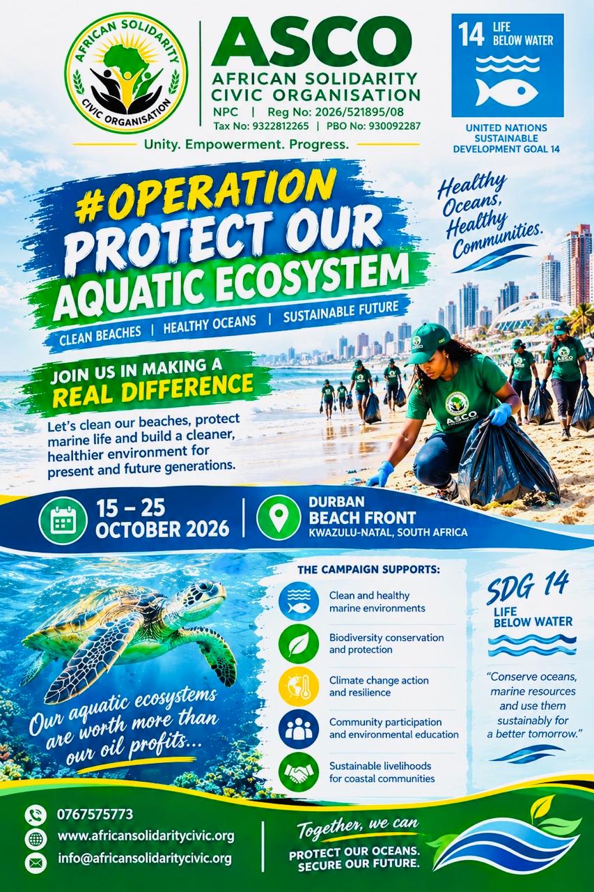 Campaign poster for Operation Protect Our Aquatic Ecosystem showing volunteers in green ASCO shirts taking part in a beach cleanup along the Durban city shoreline, alongside an underwater sea turtle near a coral reef, aligned with SDG 14 Life Below Water.